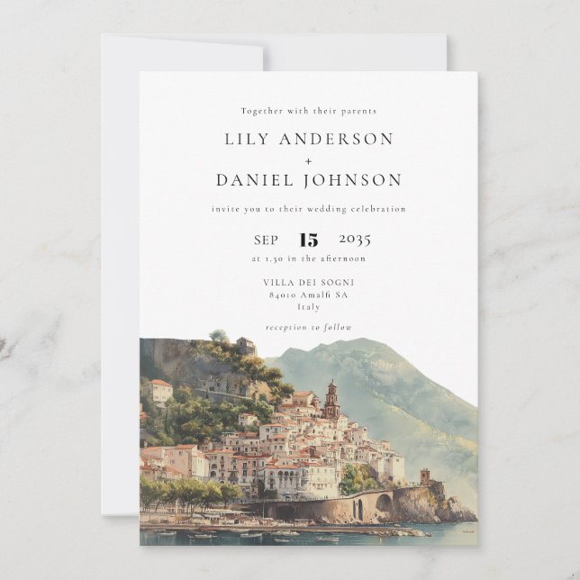 Watercolor Amalfi QR Code Italian Wedding Inbjudningar (Framsida)