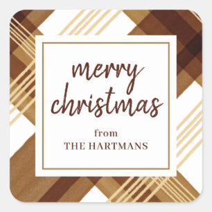 Watercolor Amber Guld Plaid God Jul Namn Fyrkantigt Klistermärke