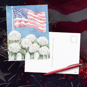 Watercolor American Flagga Hydrangeas Americana Vykort