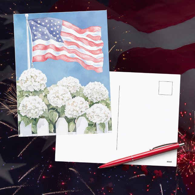 Watercolor American Flagga Hydrangeas Americana Vykort (Skapare uppladdad)