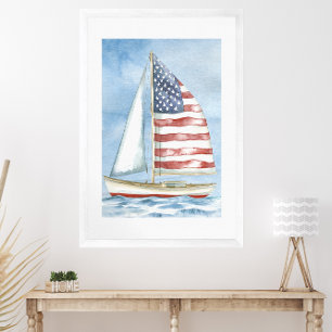 Watercolor American Flagga Patriotic Sailboat Poster