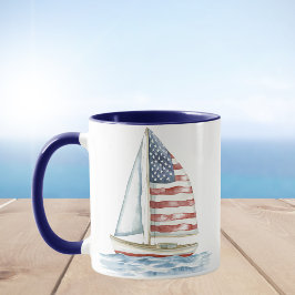 Watercolor American Flagga Sailboat Coastal Mugg