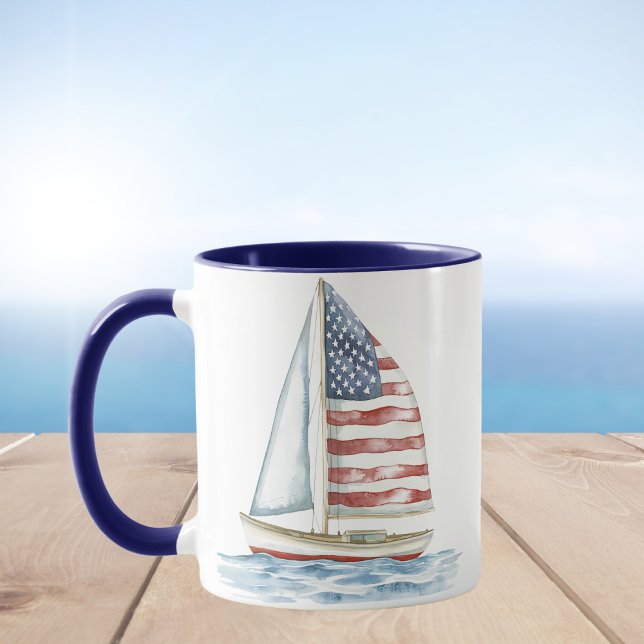 Watercolor American Flagga Sailboat Coastal Mugg (Skapare uppladdad)