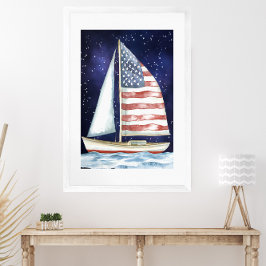 Watercolor American Flagga Sailing under Stars Poster