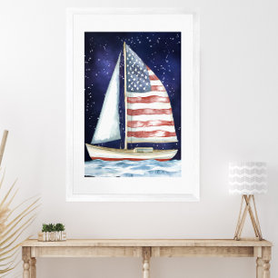 Watercolor American Flagga Sailing under Stars Poster