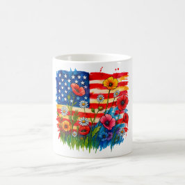 Watercolor American Flagga & Wildblommor - Patriot Kaffemugg