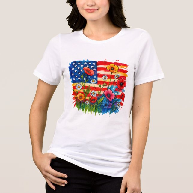 Watercolor American Flagga & Wildblommor - Patriot T Shirt (Framsida)