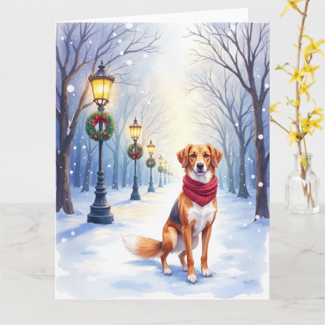 Watercolor American Foxhound Snowy Lamppost Kort (Gul blomma)