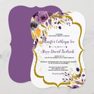 Watercolor Ametyst Lila Guld Blommigt Bröllop Inbjudningar