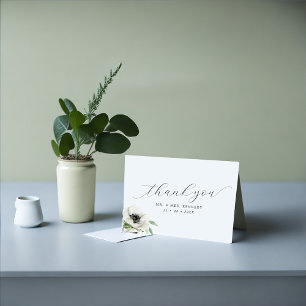 Watercolor Anemones Black & White Script Bröllop Tack Kort