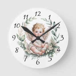 Watercolor Angel Wings Baptism Green Rund Klocka