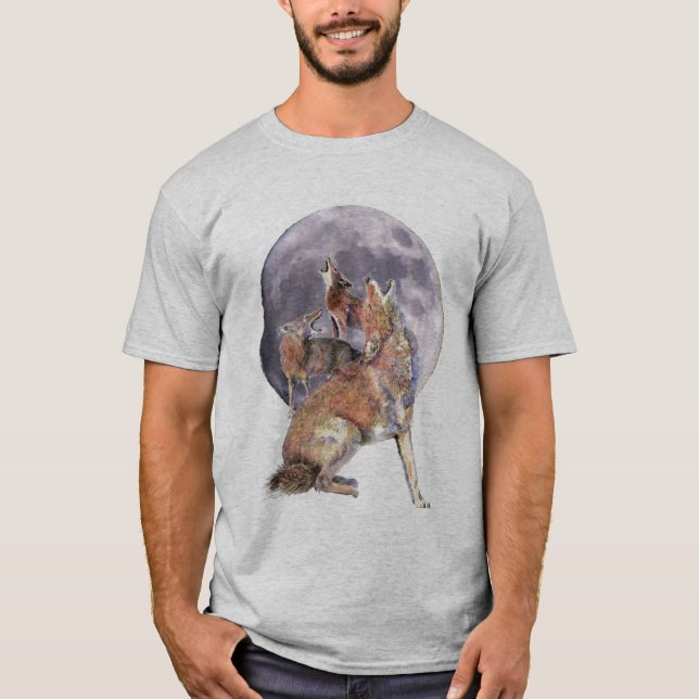 Watercolor Animal Coyote Pack Howling vid Måne T Shirt (Framsida)
