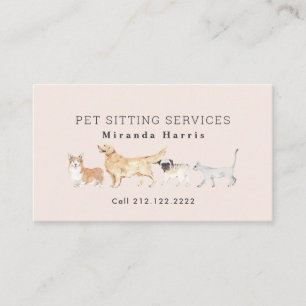 Watercolor Animals Pet Sitter Dog Walker Rosa Visitkort