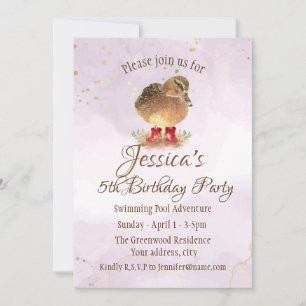 Watercolor Anka i Red Rubber Boots Birthday Inbjudningar
