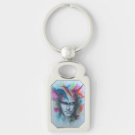 Watercolor Ansikte Rektangulärt Silverfärgad Nyckelring