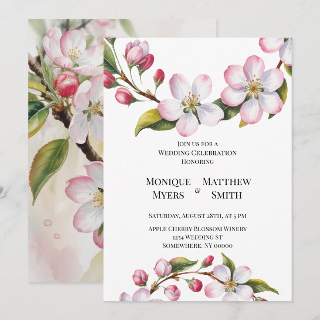 Watercolor Apple Cherry Blossom Wedding Inbjudningar (Fram/baksida)