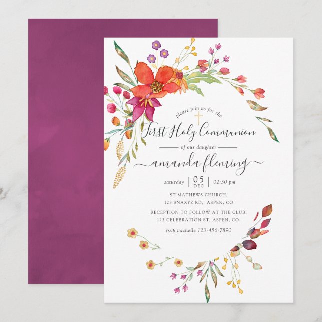 Watercolor Aquarelle Vild Flower Heliga Communion Inbjudningar (Fram/baksida)