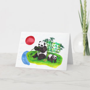 Watercolor art China Panda mor och hennes unge Kort