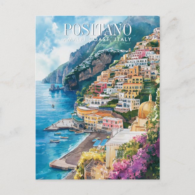 Watercolor Art Positano Amalfi Kusten Italien Trav Vykort (Framsida)