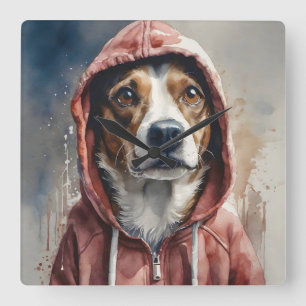 Watercolor Artwork Brown and White Hund in Hoodie Fyrkantig Klocka