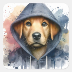Watercolor Artwork Brown Hund i en Hoodie Splatter Fyrkantigt Klistermärke