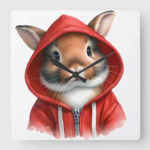 Watercolor Artwork Brown Rabbit in a Red Hoodie Fyrkantig Klocka