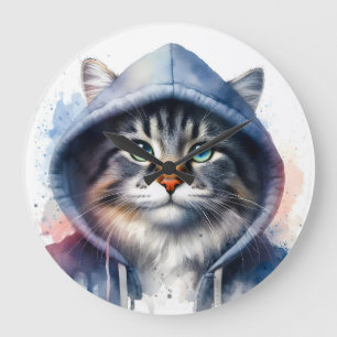 Watercolor Artwork Tabby katt i en Hoodie Splatter Stor Klocka