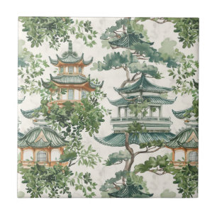 Watercolor Asian Pagoda in Verdant Ligcape (10) Kakelplatta