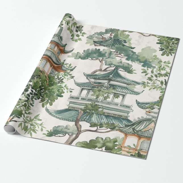 Watercolor Asian Pagoda in Verdant Ligcape (10) Presentpapper (Utrullad)