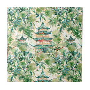Watercolor Asian Pagoda in Verdant Ligcape (12) Kakelplatta