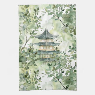 Watercolor Asian Pagoda in Verdant Ligcape (13) Kökshandduk