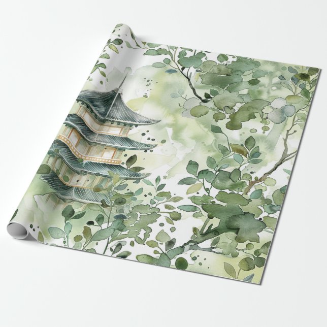 Watercolor Asian Pagoda in Verdant Ligcape (13) Presentpapper (Utrullad)