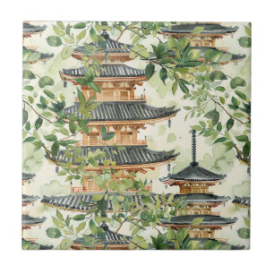 Watercolor Asian Pagoda in Verdant Ligcape (16) Kakelplatta