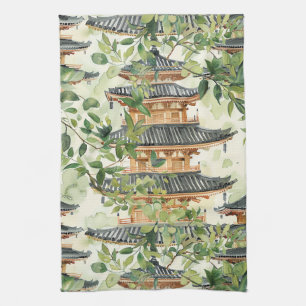 Watercolor Asian Pagoda in Verdant Ligcape (16) Kökshandduk