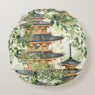 Watercolor Asian Pagoda in Verdant Ligcape (16) Rund Kudde