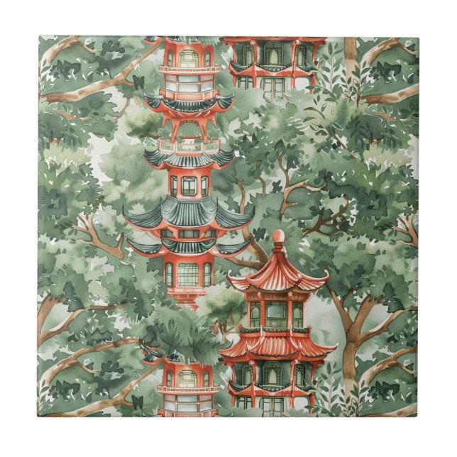 Watercolor Asian Pagoda in Verdant Ligcape (17) Kakelplatta (Framsidan)