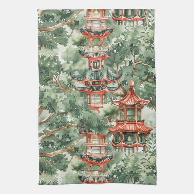 Watercolor Asian Pagoda in Verdant Ligcape (17) Kökshandduk (Vertikal)