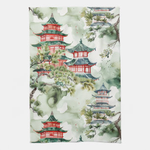 Watercolor Asian Pagoda in Verdant Ligcape (4) Kökshandduk