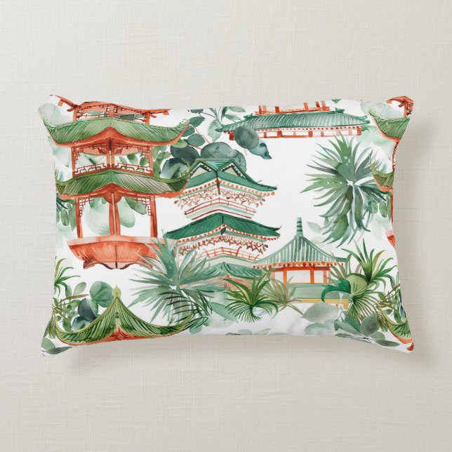 Watercolor Asian Pagoda in Verdant Ligcape (7) Prydnadskudde (Framsidan)