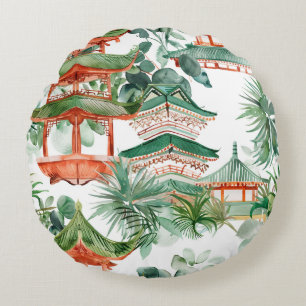 Watercolor Asian Pagoda in Verdant Ligcape (7) Rund Kudde