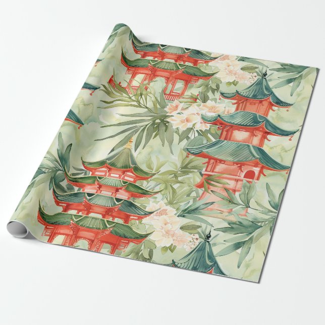 Watercolor Asian Pagoda in Verdant Ligcape (8) Presentpapper (Utrullad)