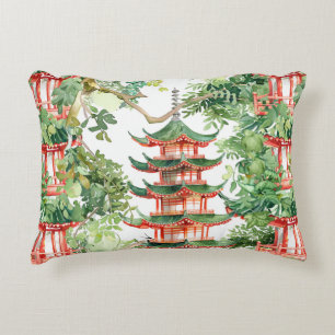 Watercolor Asian Pagoda in Verdant Ligcape (9) Prydnadskudde