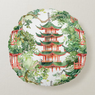 Watercolor Asian Pagoda in Verdant Ligcape (9) Rund Kudde