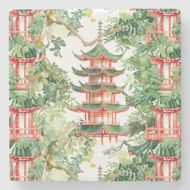 Watercolor Asian Pagoda in Verdant Ligcape (9) Stenunderlägg (Framsidan)