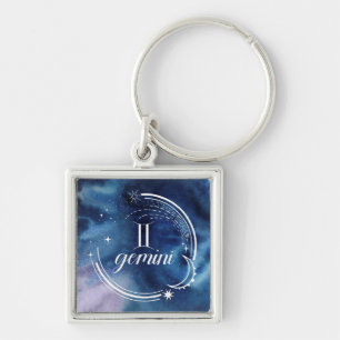 Watercolor Astrology - Gemini Fyrkantig Silverfärgad Nyckelring