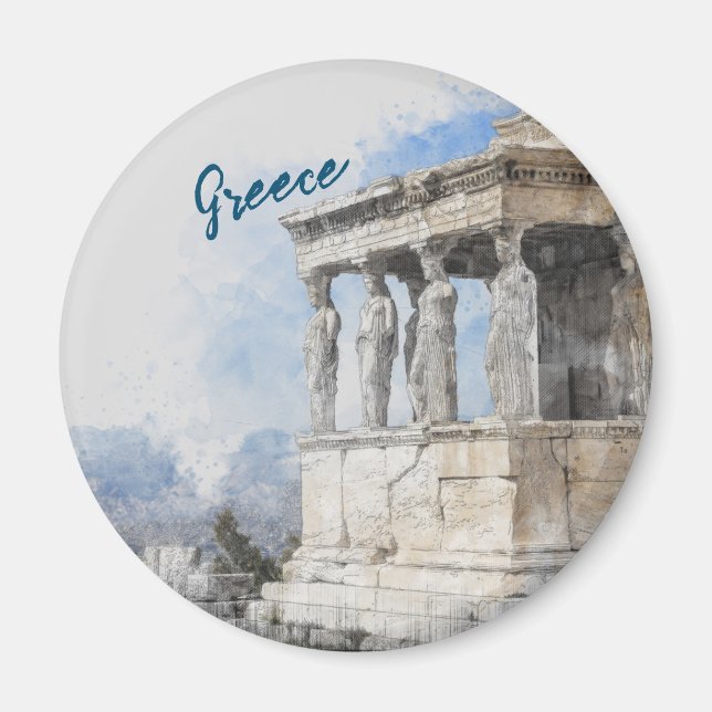 Watercolor Aten Magnet - Grekiska ruins Souvenir (Framsidan)