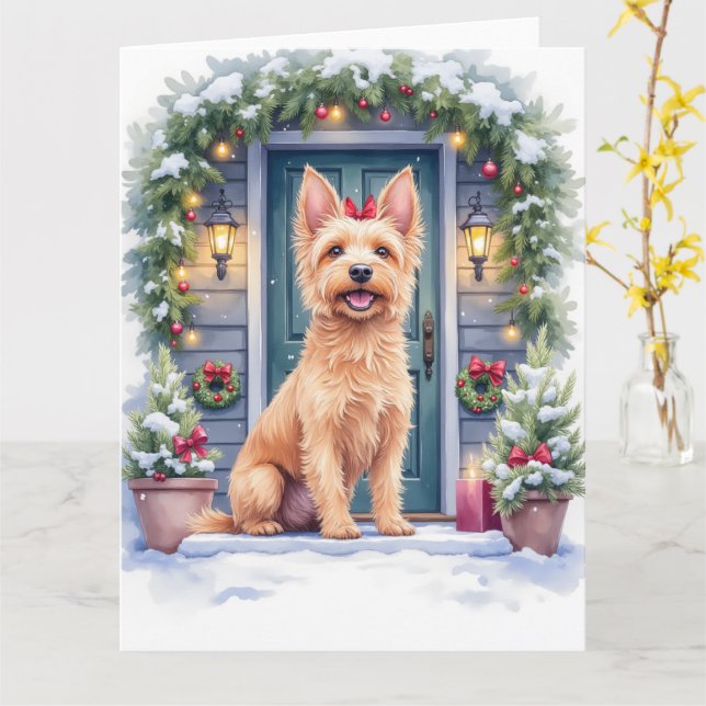 Watercolor Australian Silky Terrier Snowy Doorstep Kort (Gul blomma)