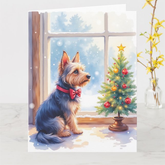 Watercolor Australian Terrier Tabletop Christmas Kort (Gul blomma)