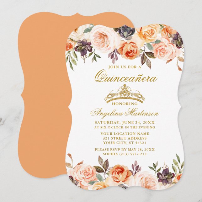 Watercolor Autumn Blommigt Peach Guld Quinceanera Inbjudningar (Fram/baksida)