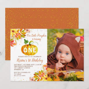 Watercolor Autumn Blommigt Pumpkin Birthday Photo Inbjudningar